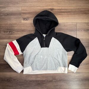 Champion Colorblock Reverse Weave Half-Zip Crop Hoodie- Black, Gray, White, Red